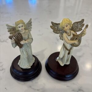 Vintage ENESCO ANGELS Playing Musical Instruments 4" Figurines Set Of 2